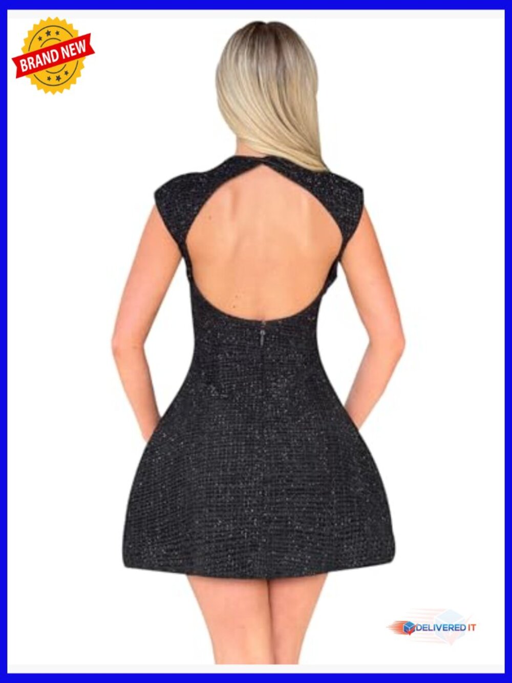 Mock Neck Cap Sleeve Cutout Backless Mini Dress High Waist A-Line Cocktail Party - Picture 3 of 6